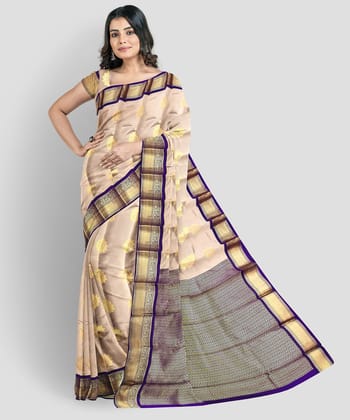 Beige Color Korvai Saree Has Contrast Pallu and Border with Unstitched Blouse