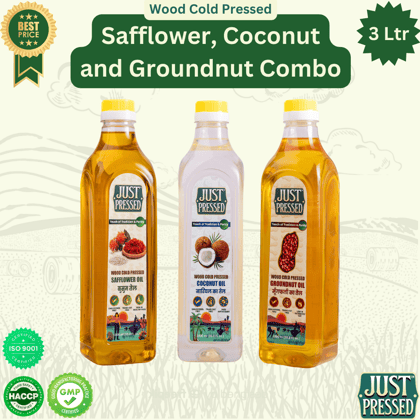 JustPressed Combo - Groundnut Oil | Safflower Oil | Coconut Oil - Cold Pressed Wood Pressed - 1L Each Combo - Kacchi Ghani - Chekku