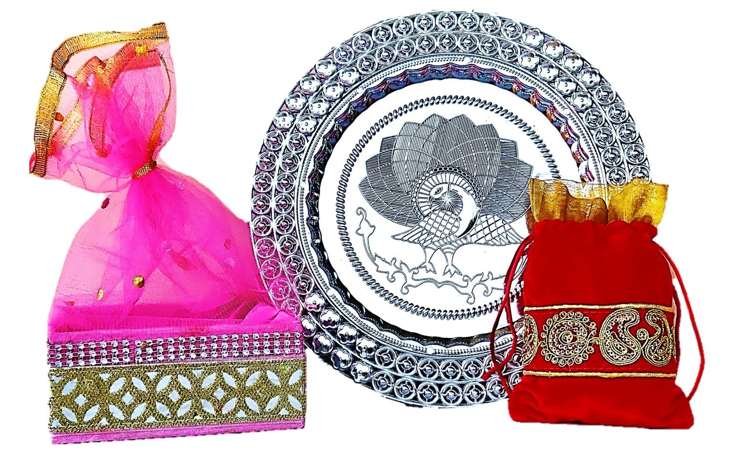 Omkar by R3 Inc. Silver Gift Plate, Square Basket with Shagun Potli for Gifts Hampers | Fancy Hamper| Wedding Basket / Pouch for gift Packing (Pack of 3)