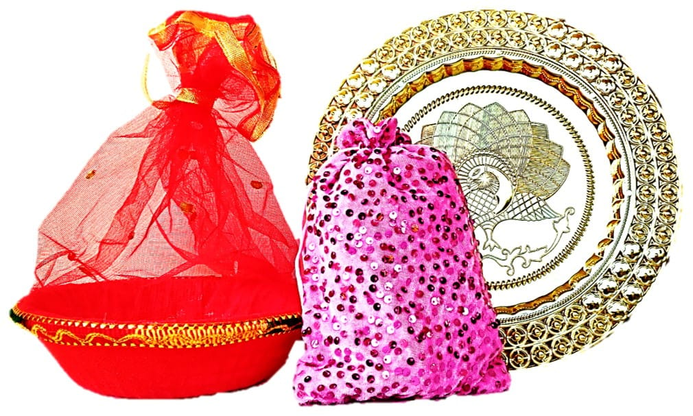 Omkar by R3 Inc. Gold Gift Plate, Basket with Shagun Potli for Gifts Hampers | Fancy Hamper| Wedding Basket / Pouch for gift Packing (Pack of 3)