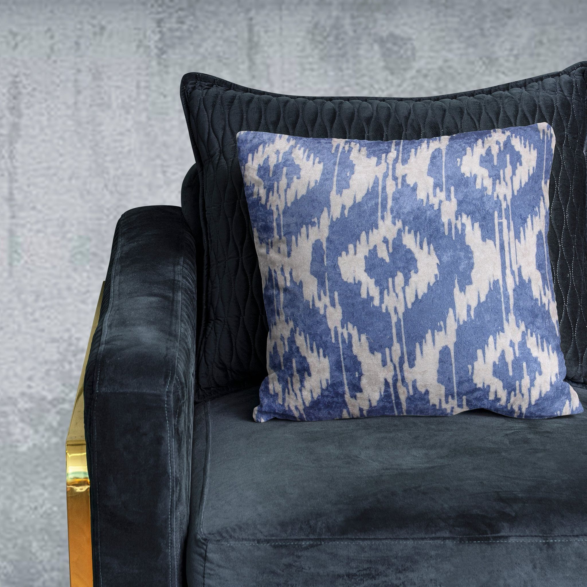 Rhombus Ikkat Crushed Velvet Cushion Cover (Blue and White, 18 x 18 inch)