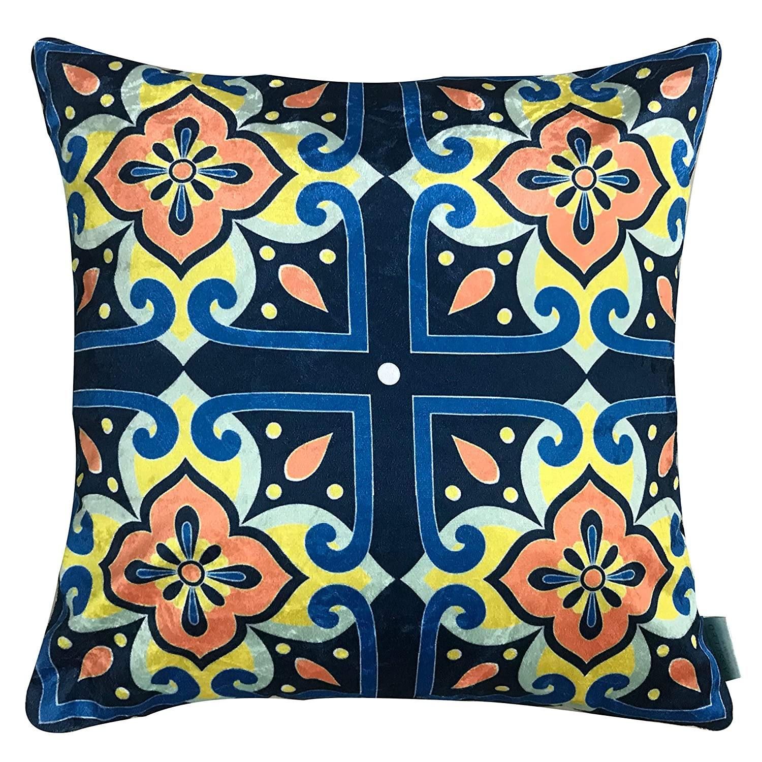 Meknes Blue Moroccan Chic Designer Velvet Cushion Cover (Blue, 16 x 16 inch)