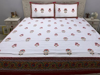 Benazir 100% Cotton Hand Block Print Red & White Bedsheet (Bedsheet + 2 Pillow Covers), King Size