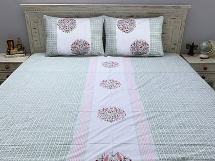 Amaltas Premium Cotton Block Print King Size Bedsheet + 2 Pillow Covers (Green, Pink & Off White)