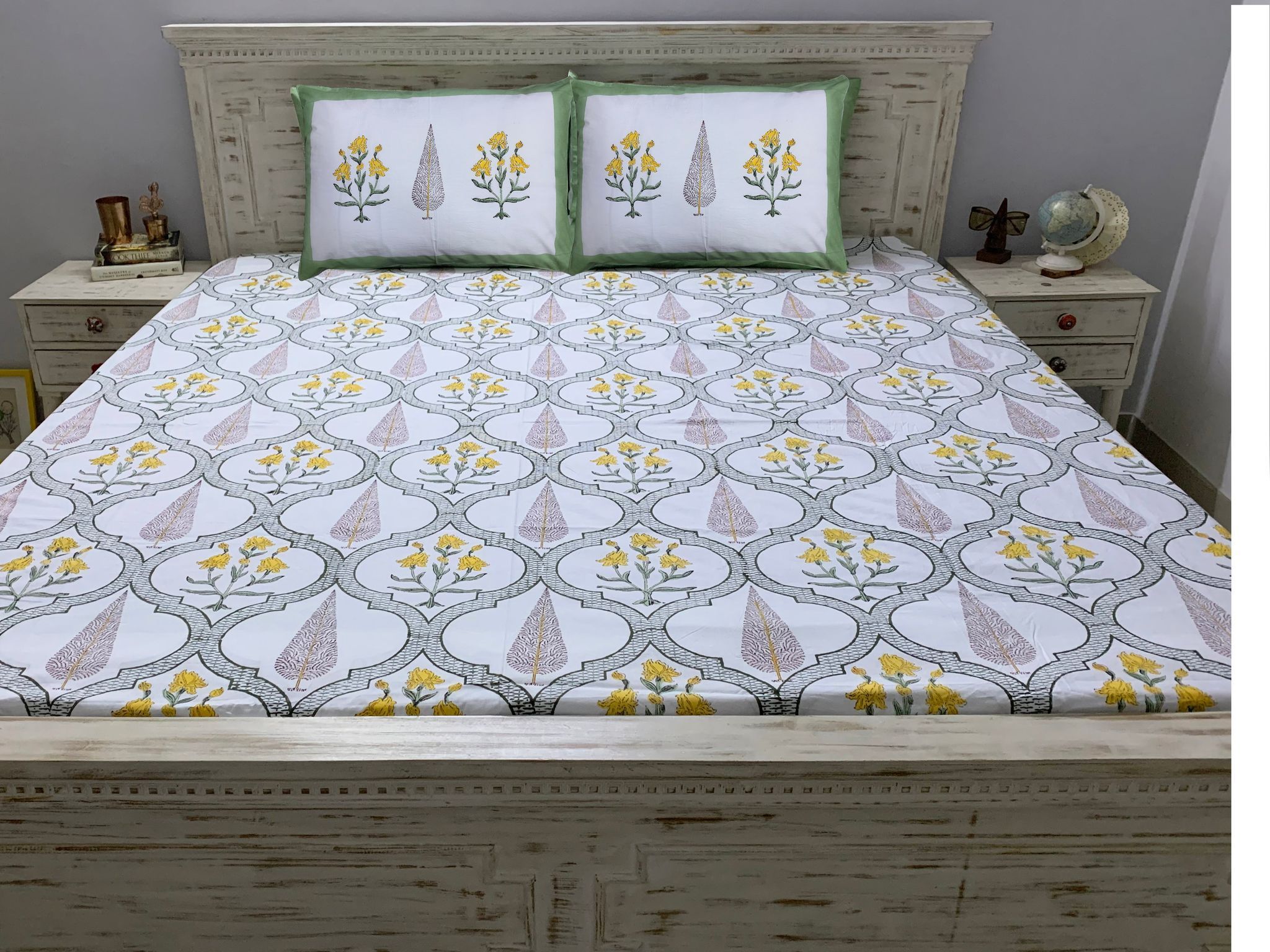 Gulbarg Premium Cotton Block Print King Size Bedsheet + 2 Pillow Covers (Green, Yellow & Off White)