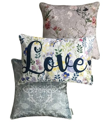 Love 3 Velvet Cushion Cover Set (Blue and White, 2-16 x 16 Inch, 1-18 x12 Inch)