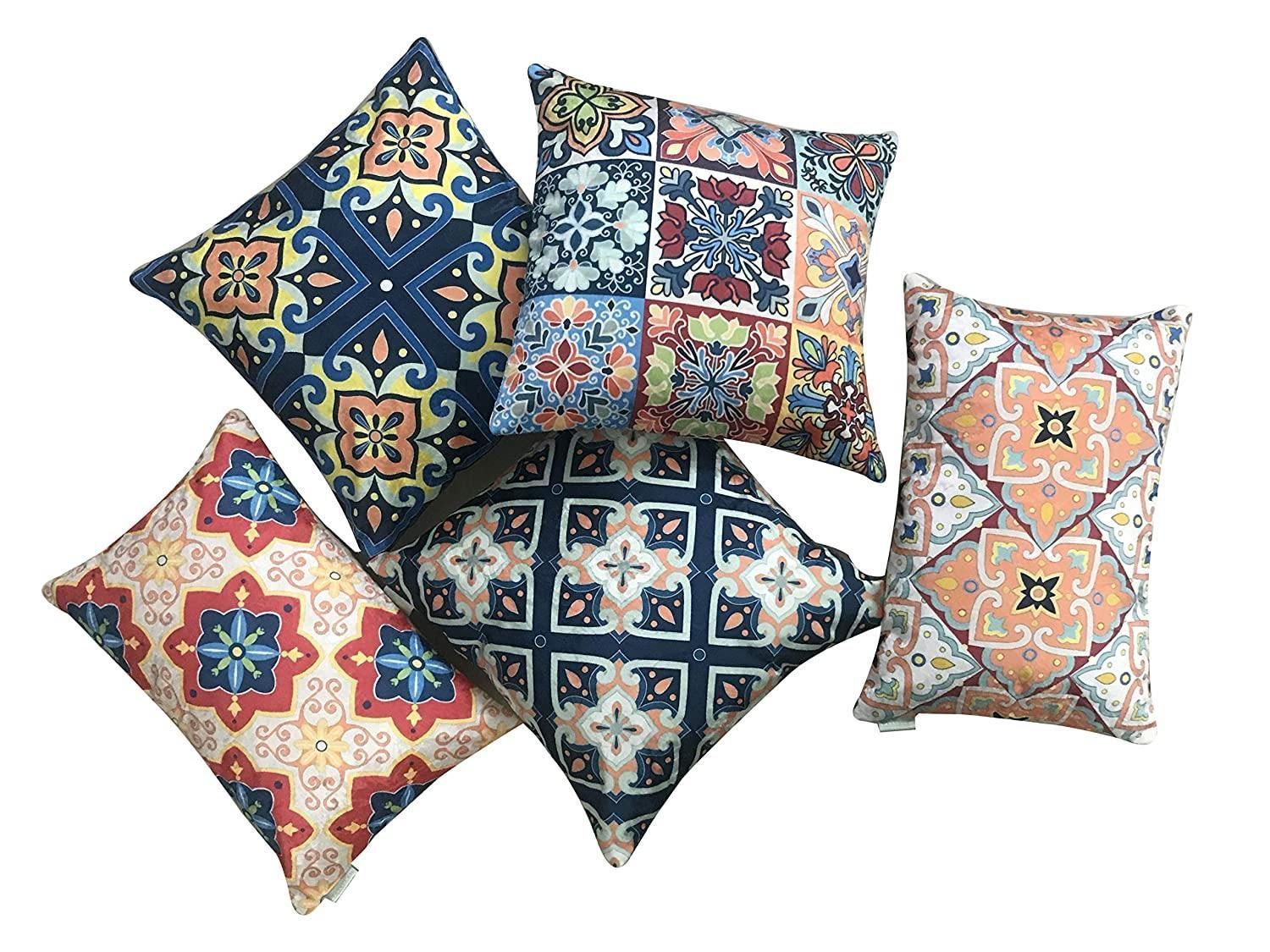 Moroccan 5 Velvet Cushion Cover Set (Blue, Red and White, 3-16 x 16 Inch, 2-18 x12 Inch)