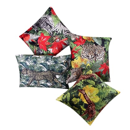 Multicolour Jungle Collection Fabric Cushion Cover Set (4 Piece, Blue and White -3X16 ix 16 inch - 1x18 x12inch)