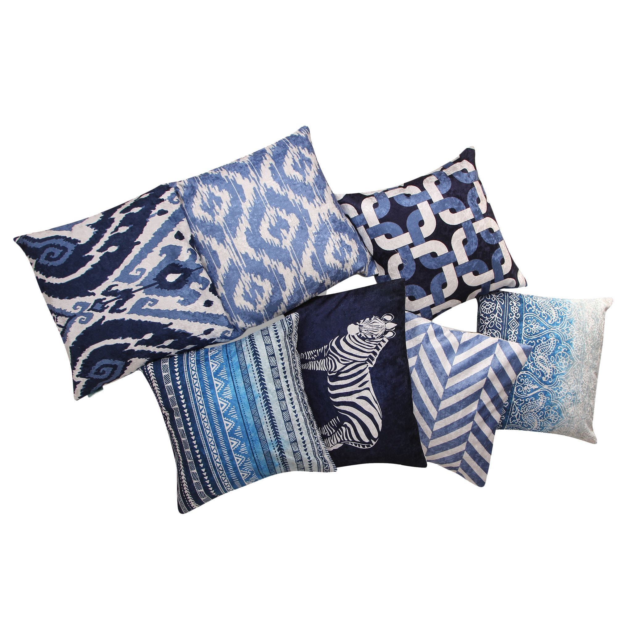 Delft 7 Fabric Cushion Cover Set (Blue and White, 6 -16 x 16 Inch, 1 -18 x12 Inch)