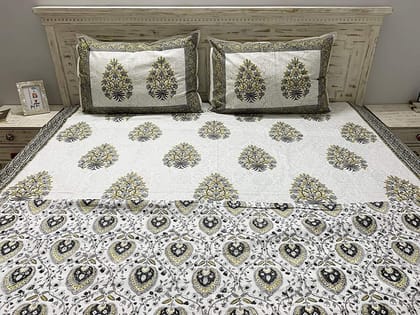 Heer 100% Cotton Hand Block Printed Grey & Mustard Dual Sided Bedding Set, King Size