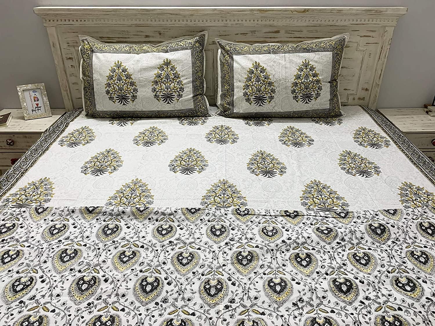 Heer 100% Cotton Hand Block Printed Grey & Mustard Dual Sided Bedding Set, King Size