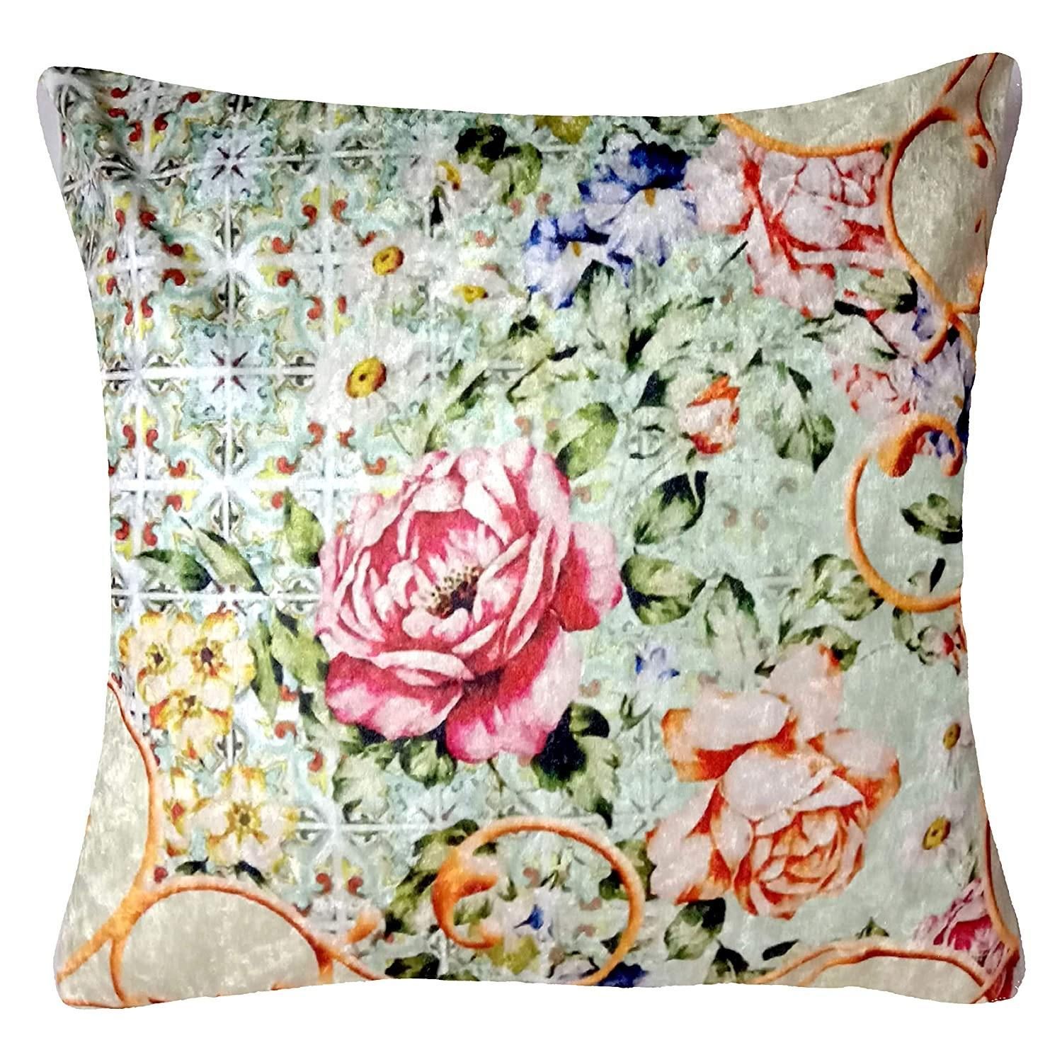 Peony Love Modern Crushed Velvet Cushion Cover (Colour: Multicoloured Size: 16 inch x 16 inch (40cm X 40cm))