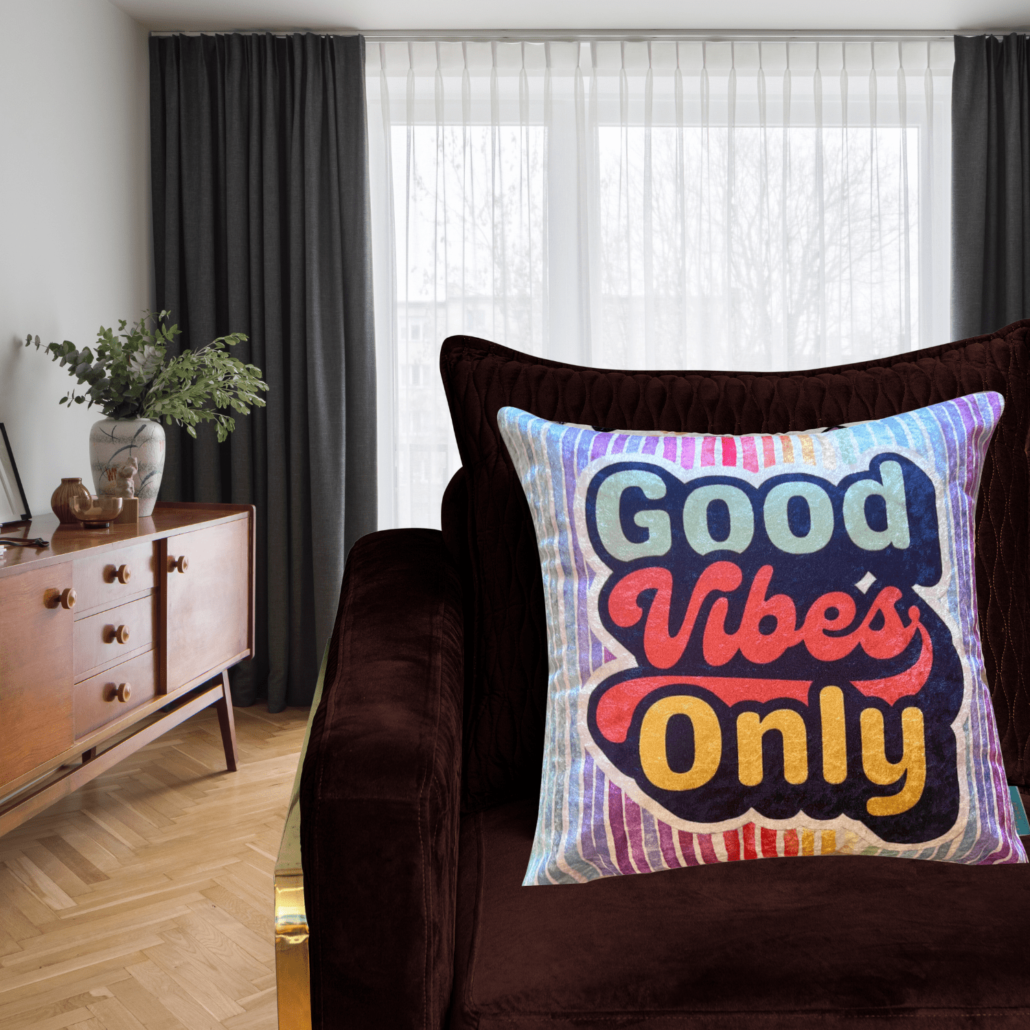 Good Vibes Modern Chic Designer Velvet Cushion Cover 16x16 (Purple)