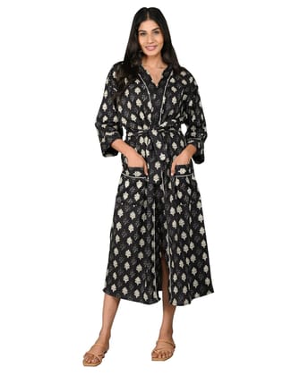 SHOOLIN Printed Kimono Robe Long Bathrobe for Women| Women Cotton Kimono Robe Long - Floral| 3/4 Sleeve Kimono for Women, Black