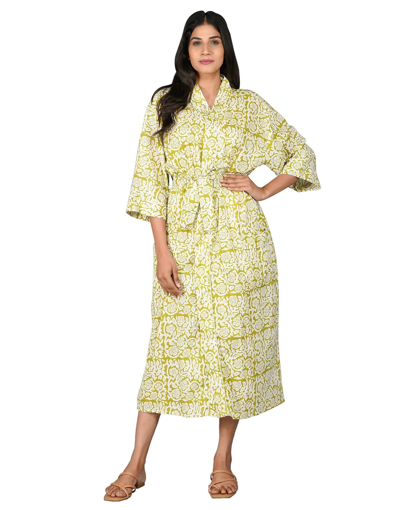 SHOOLIN Printed Kimono Robe Long Bathrobe for Women| Women Cotton Kimono Robe Long - Floral| 3/4 Sleeve Kimono for Women, Green