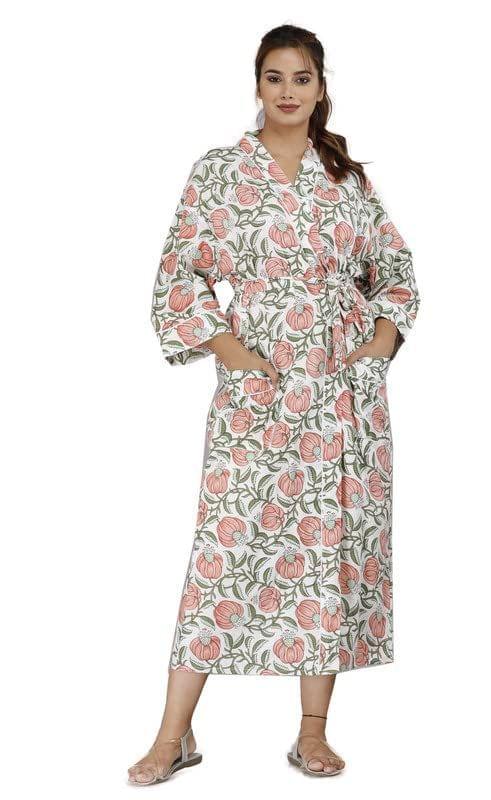 SHOOLIN Floral Printed Kimono Robe Long Bathrobe For Women || 3/4 Sleeve And Calf Length Kimono For Women (White)