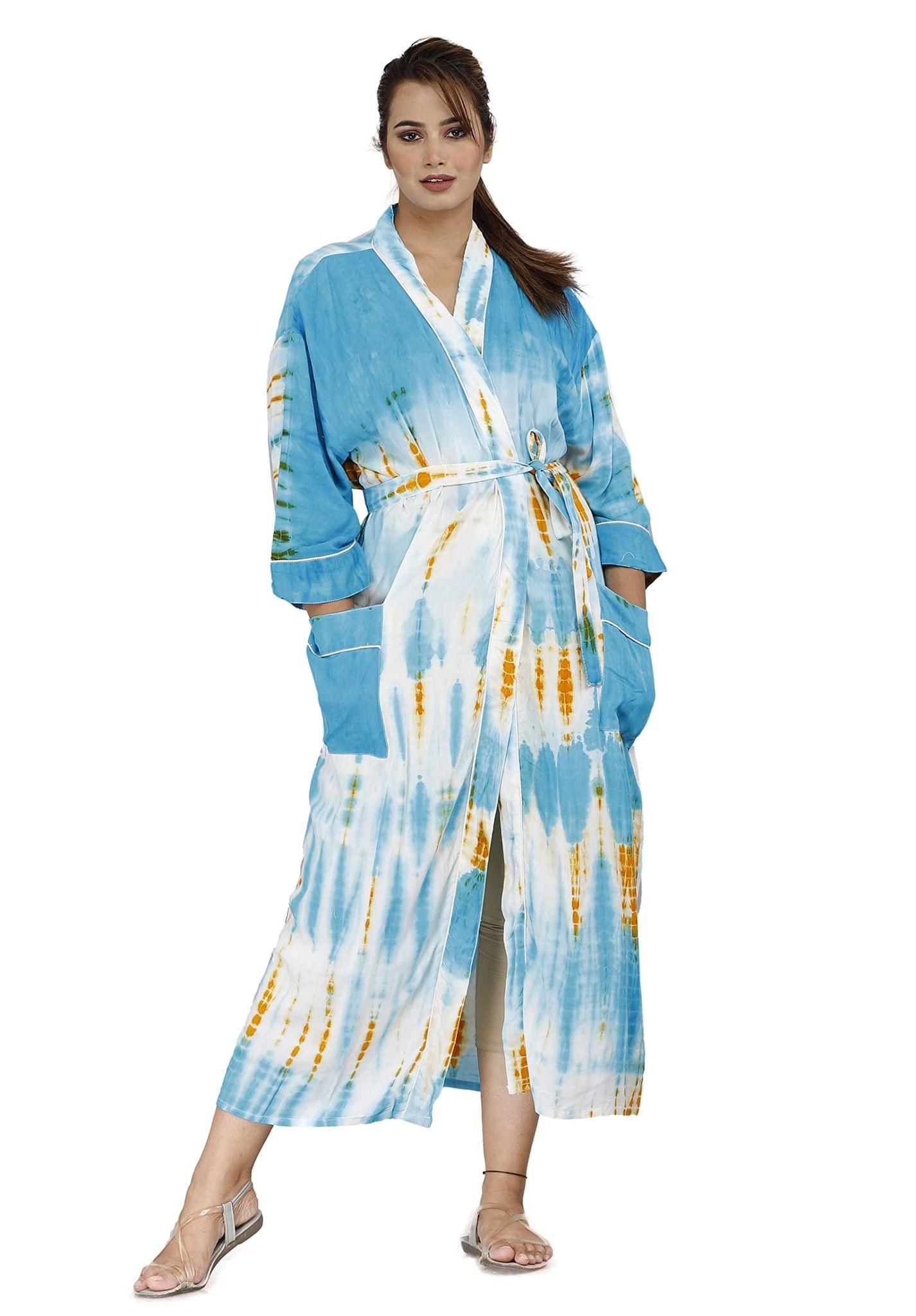 SHOOLIN Floral Pattern Kimono Robe Long Bathrobe For Women ||Tie Die Rayon Kimono Long Robe || 3/4 Sleeve Kimono For Women's And Girls (Sky Blue-White)