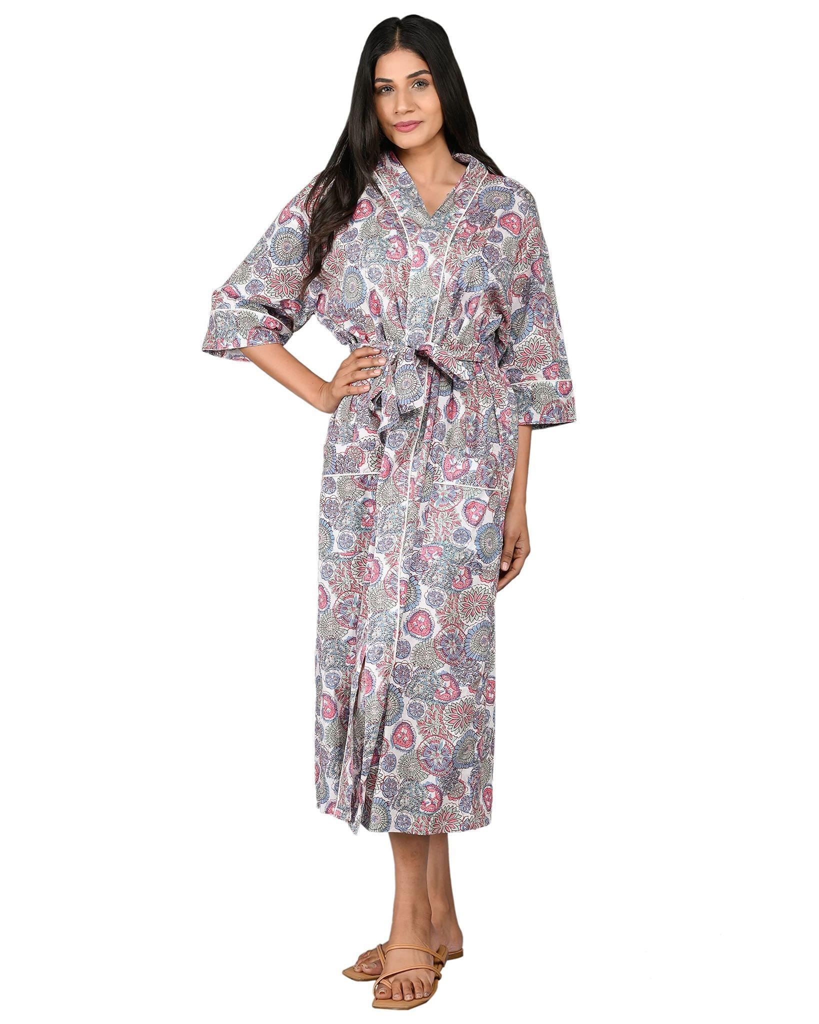 SHOOLIN Printed Kimono Robe Long Bathrobe For Women| Women Cotton Kimono Robe Long - Floral| 3/4 Sleeve Kimono For Women (Multi)