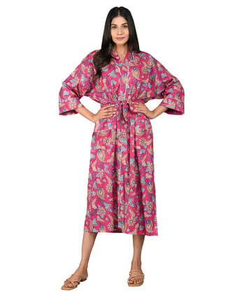 SHOOLIN Printed Kimono Robe Long Bathrobe for Women| Women Cotton Kimono Robe Long - Floral| 3/4 Sleeve Kimono for Women, Pink