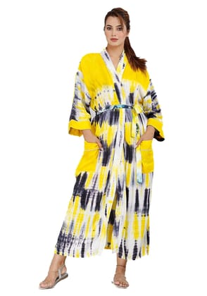 SHOOLIN Printed Kimono Robe Long Bathrobe For Women || 3/4 Sleeve And Calf Length Kimono For Women (Yellow)