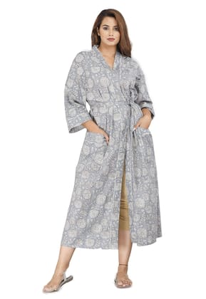 SHOOLIN Floral Pattern Kimono Robe Long Bathrobe For Women ||Women's Cotton Kimono Robe Long - Floral ||3/4 Sleeve And Calf Length Kimono For Women's (Grey)