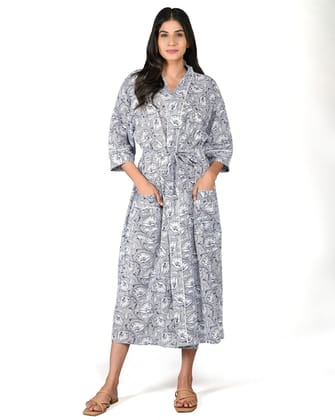 SHOOLIN Printed Kimono Robe Long Bathrobe For Women| Women Cotton Kimono Robe Long - Floral| 3/4 Sleeve Kimono For Women, Blue