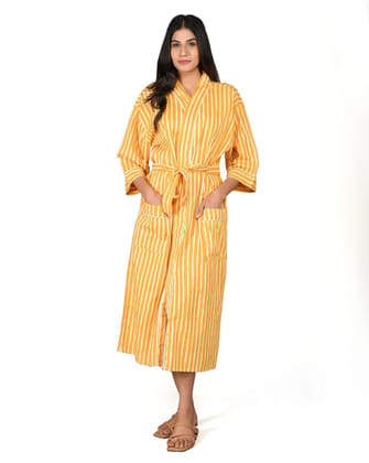 SHOOLIN Printed Kimono Robe Long Bathrobe For Women| Women Cotton Kimono Robe Long - Floral| 3/4 Sleeve Kimono For Women (Mustard)