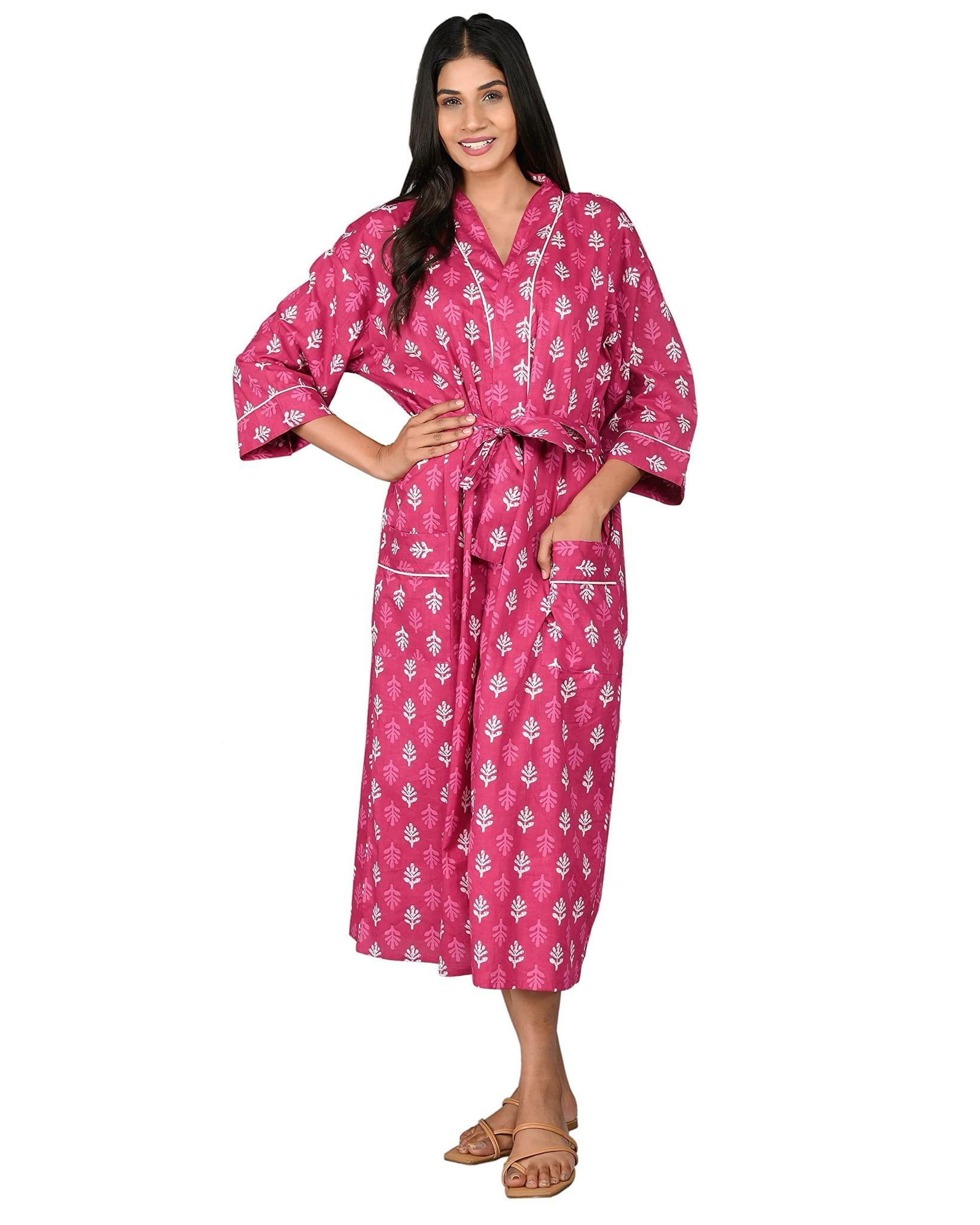 SHOOLIN Printed Kimono Robe Long Bathrobe for Women| Women Cotton Kimono Robe Long - Floral| 3/4 Sleeve Kimono for Women (Pink)