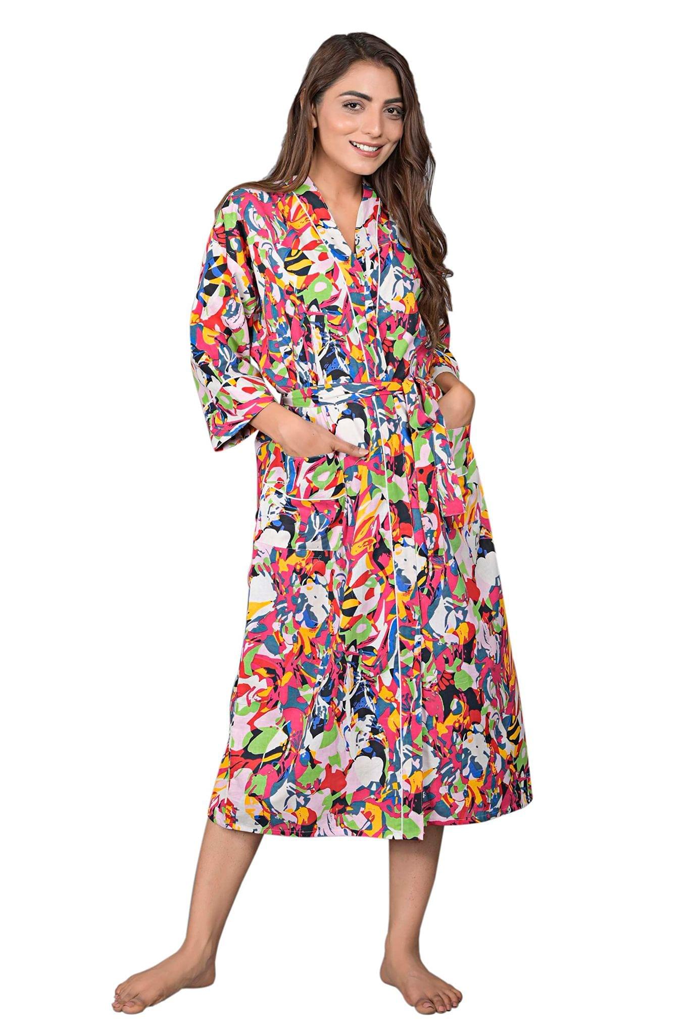 SHOOLIN Abstract Pattern Kimono Robe Long Bathrobe For Women (Multi)