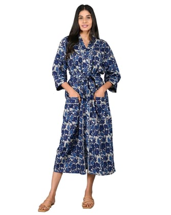 SHOOLIN Printed Kimono Robe Long Bathrobe For Women| Women Cotton Kimono Bath Robe Long - Floral| 3/4 Sleeve Kimono For Women (Blue)