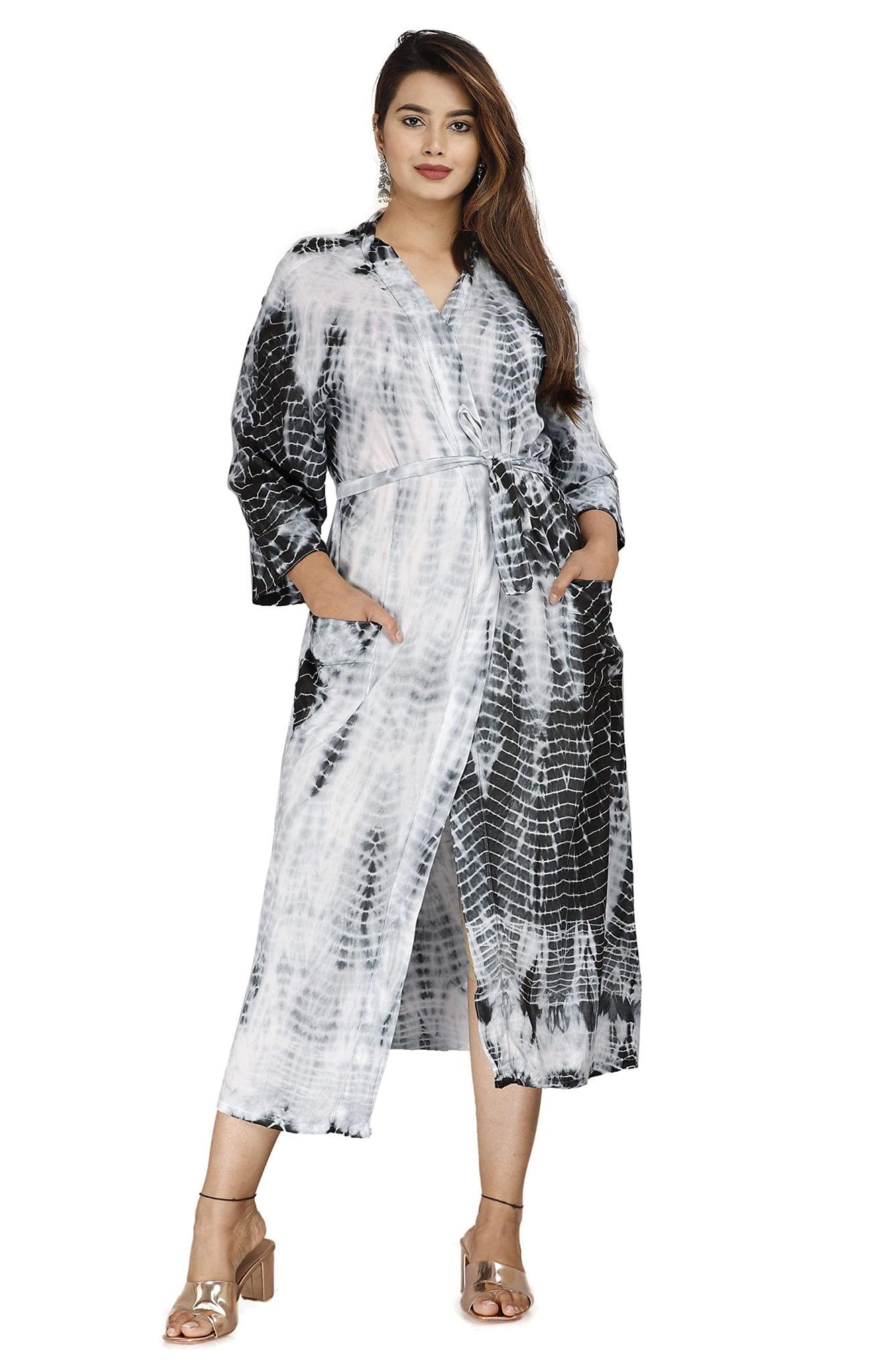 SHOOLIN Floral Pattern Kimono Robe Long Bathrobe For Women ||Tie Die Rayon Kimono Long Robe || 3/4 Sleeve Kimono For Women's And Girls (White-Black)