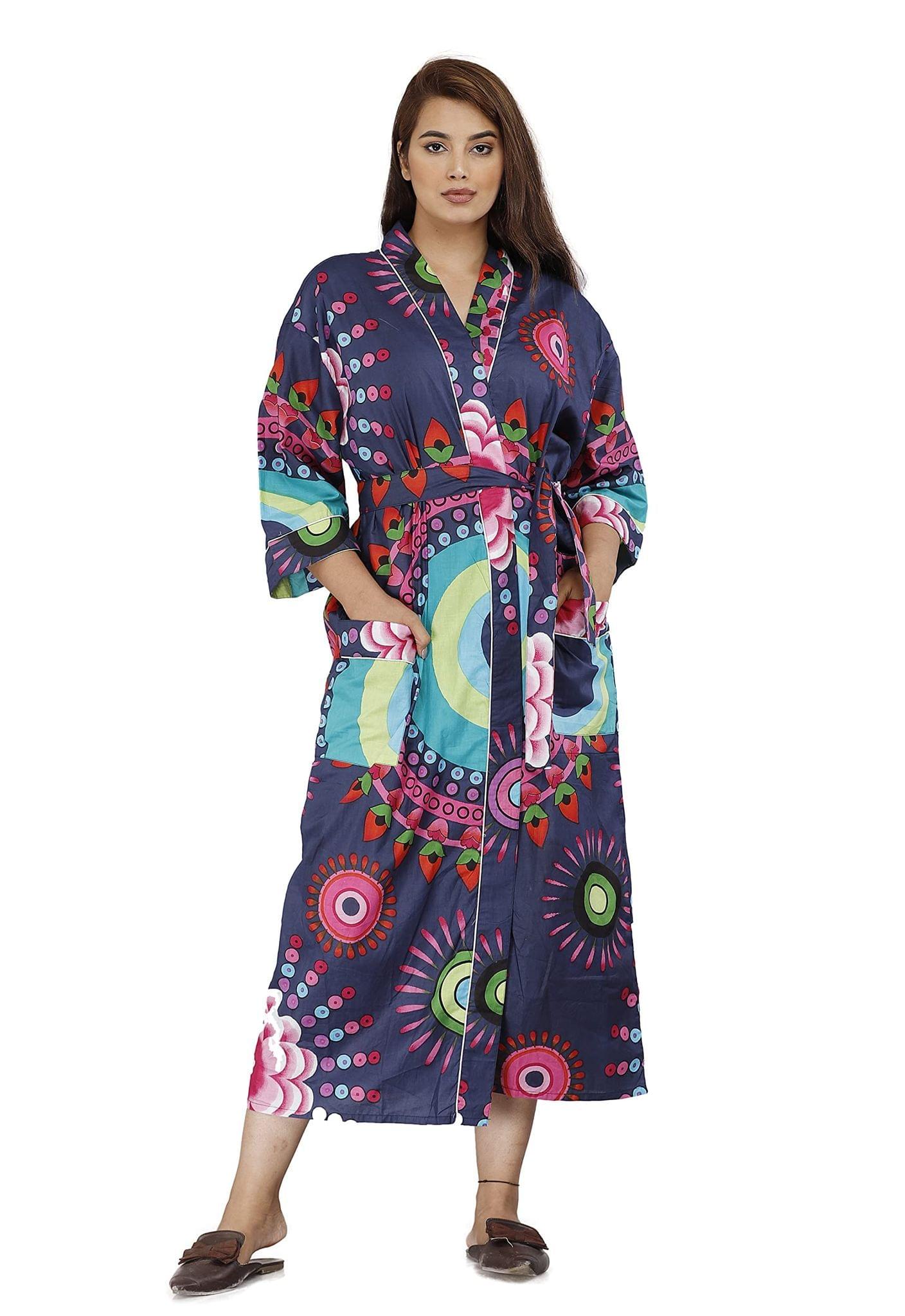 SHOOLIN Floral Pattern Kimono Robe Long Bathrobe For Women ||Women's Cotton Kimono Robe Long - Floral ||3/4 Sleeve And Calf Length Kimono For Women's (Navy Blue & Pink)