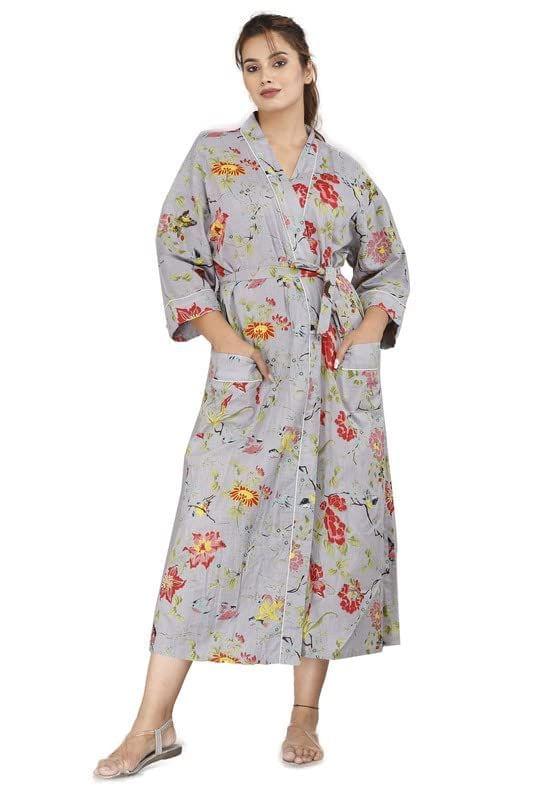 SHOOLIN Floral Pattern Kimono Robe Long Bathrobe For Women || 3/4 Sleeve And Calf Length Kimono For Women's