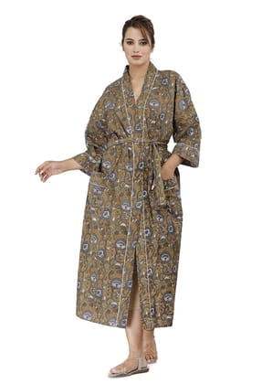 SHOOLIN Floral Pattern Kimono Robe Long Bathrobe For Women ||Women's Cotton Kimono Robe Long - Floral ||3/4 Sleeve And Calf Length Kimono For Women's (Brown)