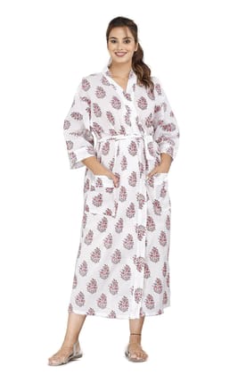 SHOOLIN Floral Pattern Kimono Robe Long Bathrobe For Women ||Women's Cotton Kimono Robe Long - Floral ||3/4 Sleeve And Calf Length Kimono For Women's (White & Dark Brown)