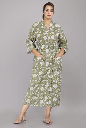 SHOOLIN Floral Pattern Kimono Robe Long Bathrobe For Women ||Women's Cotton Kimono Robe Long - Floral ||3/4 Sleeve And Calf Length Kimono For Women's (Green Design 2)