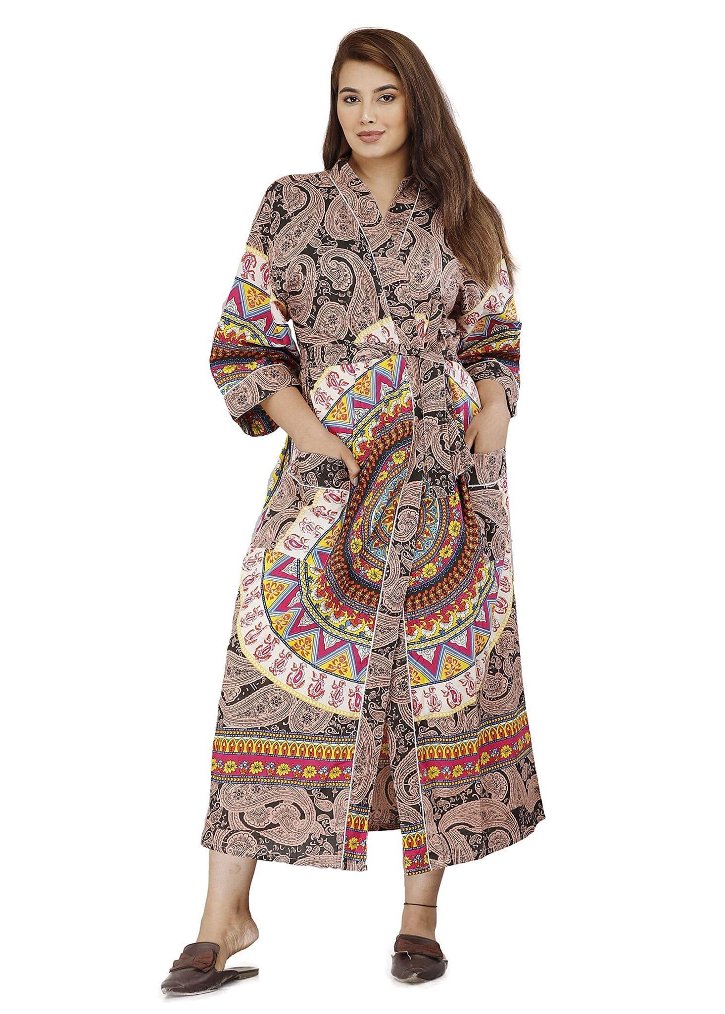 SHOOLIN Floral Pattern Kimono Robe Long Bathrobe For Women ||Women's Cotton Kimono Robe Long - Floral ||3/4 Sleeve And Calf Length Kimono For Women's (Brown Multi)