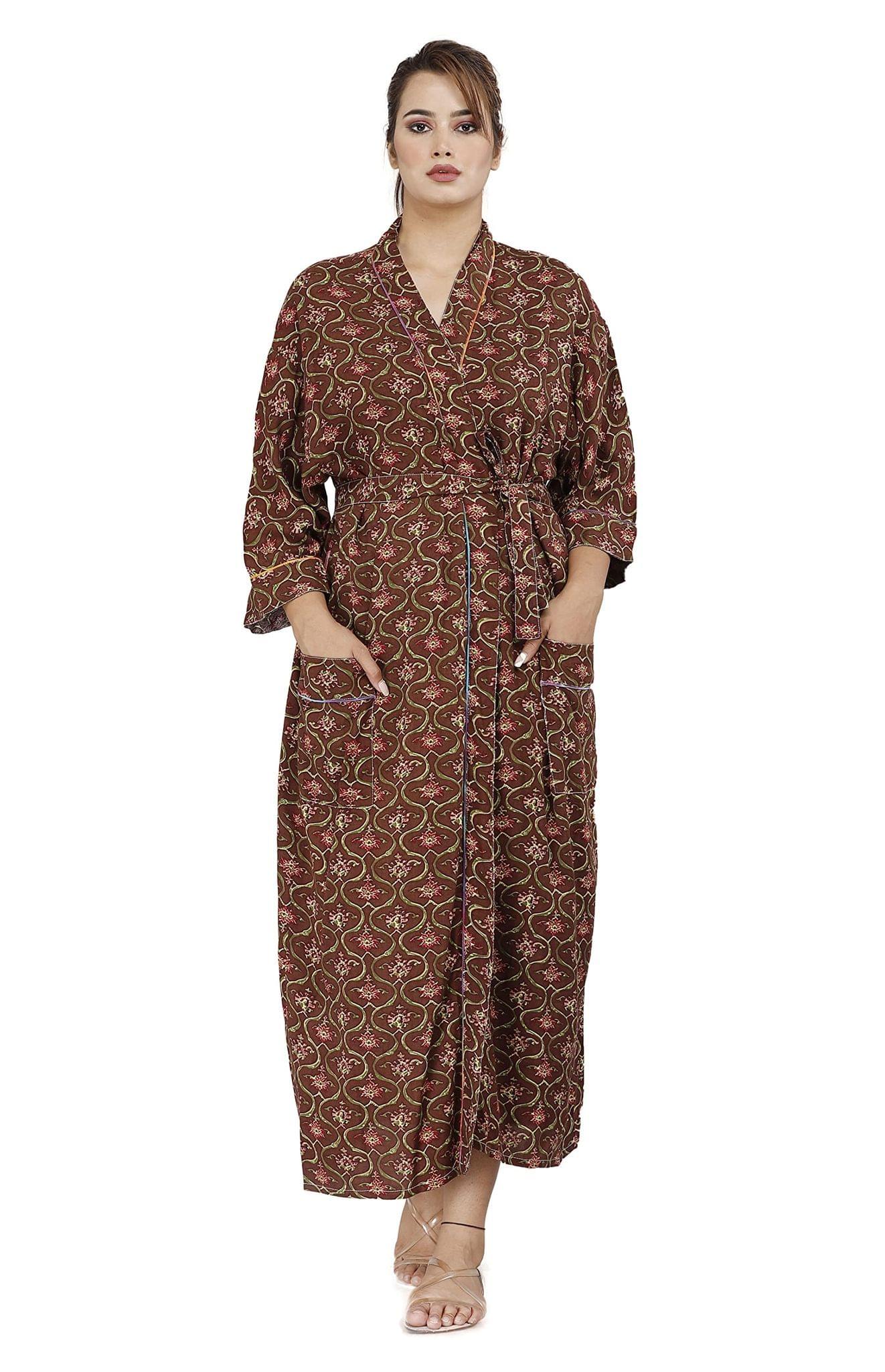 SHOOLIN Floral Pattern Kimono Robe Long Bathrobe For Women ||Women's Cotton Kimono Robe Long - Floral || 3/4 Sleeve Kimono For Women's (Brown)