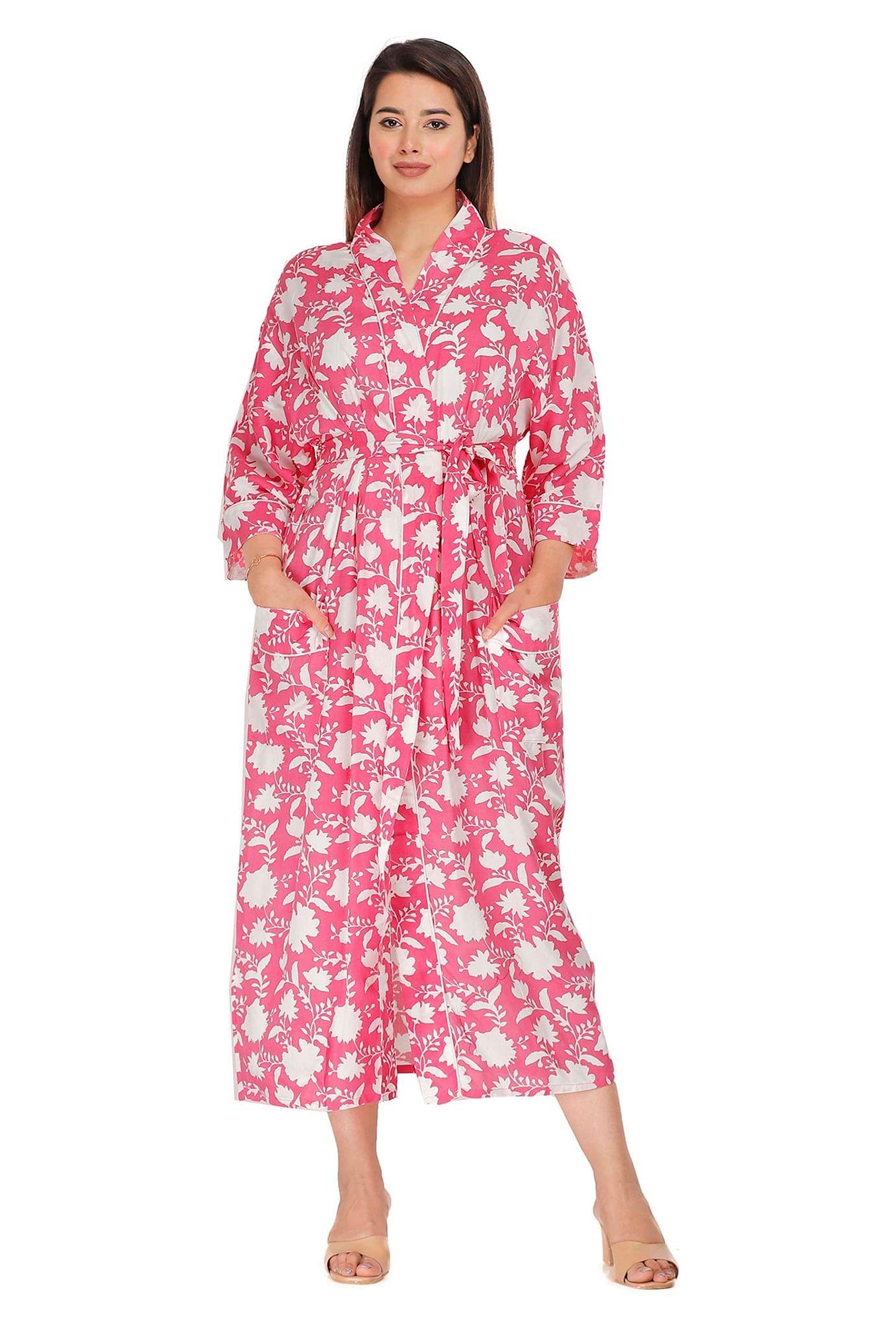 SHOOLIN Printed Kimono Robe Long Bathrobe for Women| Women Pure Cotton Kimono Robe Long - Floral| 3/4 Sleeve Kimono for Women Pink