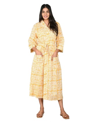 SHOOLIN Printed Kimono Robe Long Bathrobe for Women| Women Cotton Kimono Robe Long - Floral| 3/4 Sleeve Kimono for Women (Yellow Mustard)