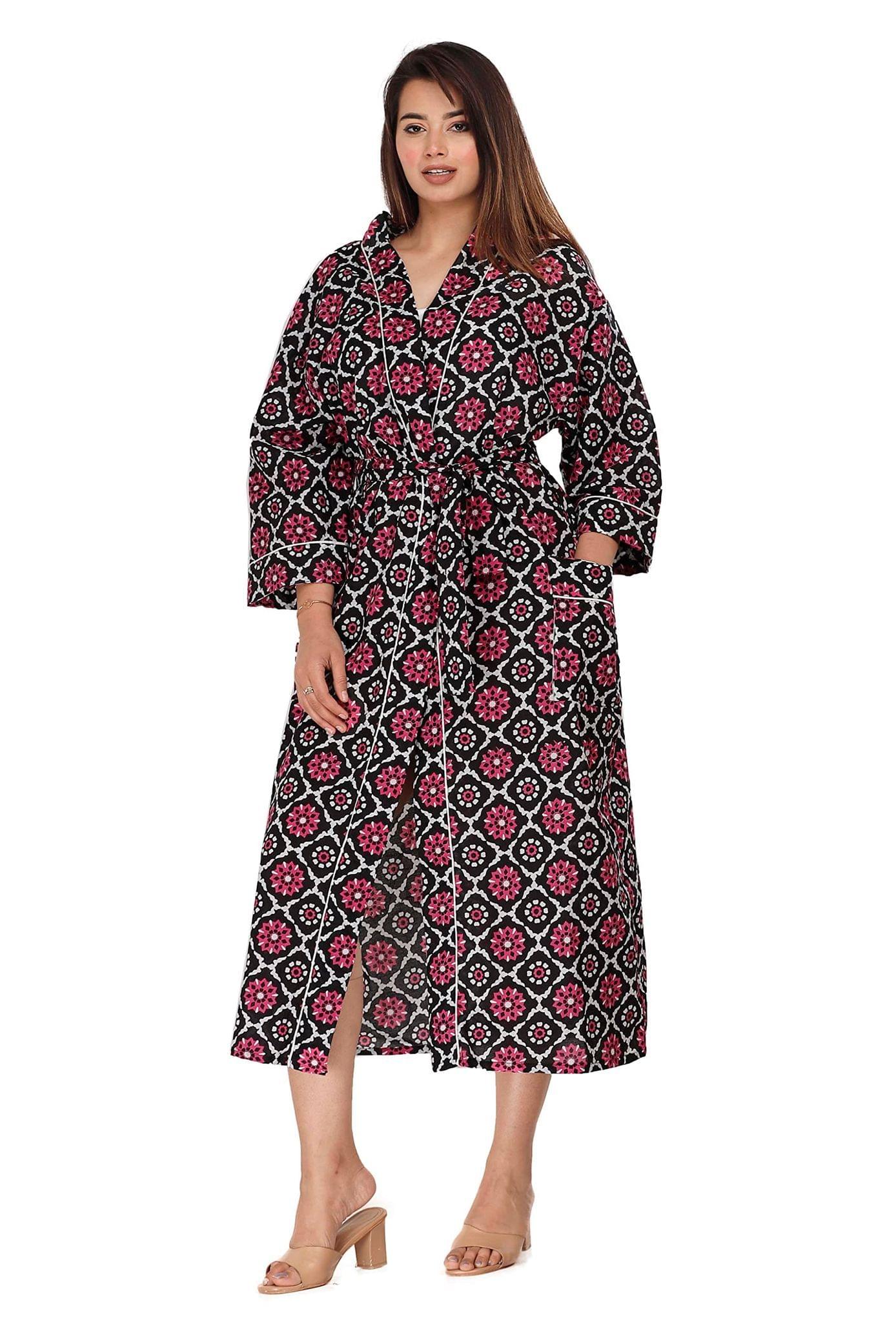 SHOOLIN Printed Kimono Robe Long Bathrobe for Women| Women Cotton Kimono Robe Long - Floral| 3/4 Sleeve Kimono for Women Multicolour