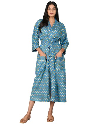 SHOOLIN Printed Kimono Robe Long Bathrobe for Women| Women Cotton Kimono Robe Long | 3/4 Sleeve Kimono for Women (Blue)