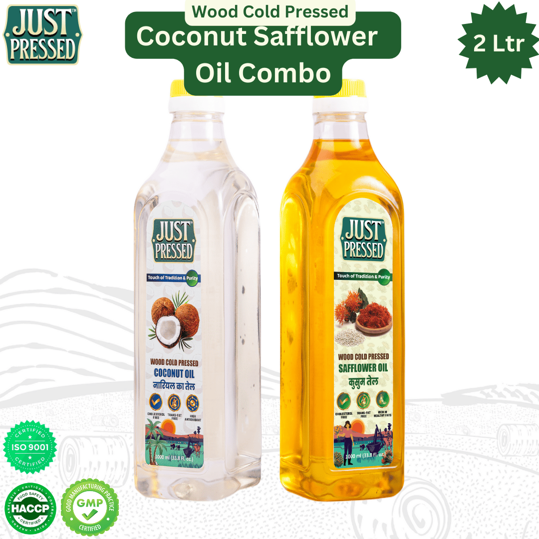 Just Pressed Cold Pressed Combo Coconut Oil ,Safflower Oil | 100% Pure Safflower Kusum Saffola Oil | Unrefined & Zero Additives | Healthy Heart Oil | Saffola Hero Ingredient | Kachi Ghani Oil | Wood Cold Pressed Oil | - 2 litres