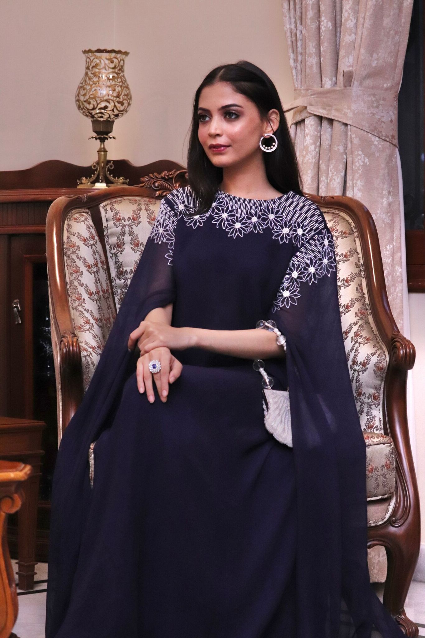 Indo Western Georgette Embellished Kaftan Gown in Navy Blue