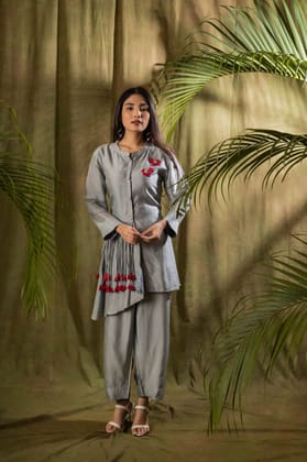 Indo Western Women’s Cotton Embroidered A-Line Kurta with Trousers Set in Grey