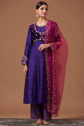 Blue Majesty: Enigmatic Pooja Singhal Purple Mughal Jaal Heavy Palazzo Ulfat Kurta Set