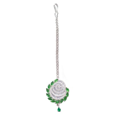 Party wear Green Cz Silver Plated Maangtika For Girls & Women