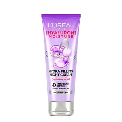 LOREAL Paris Filling Night Cream, Leave In Hair Cream with Hyaluronic Acid, For Dry & Dehydrated Hair, Adds Shine & bounce, Hyaluron Moisture 72H Hydra, 180ml