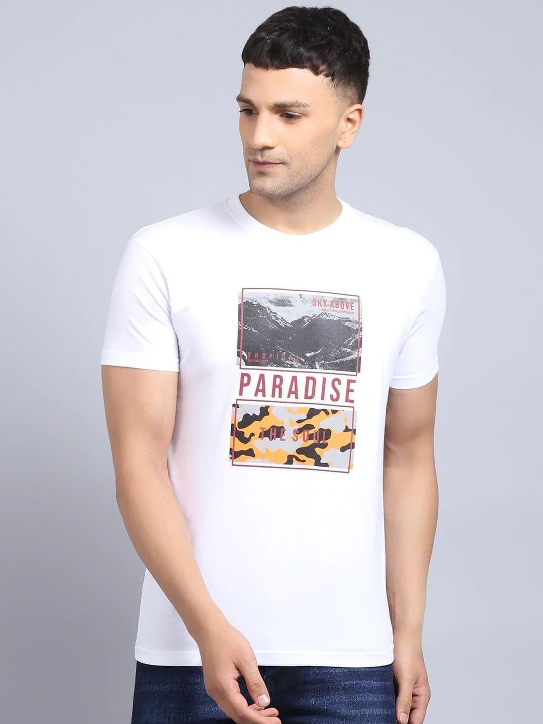 Rodamo  Men White Printed Slim Fit T-shirt