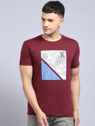 Rodamo  Men Maroon Printed Cotton Slim Fit T-shirt